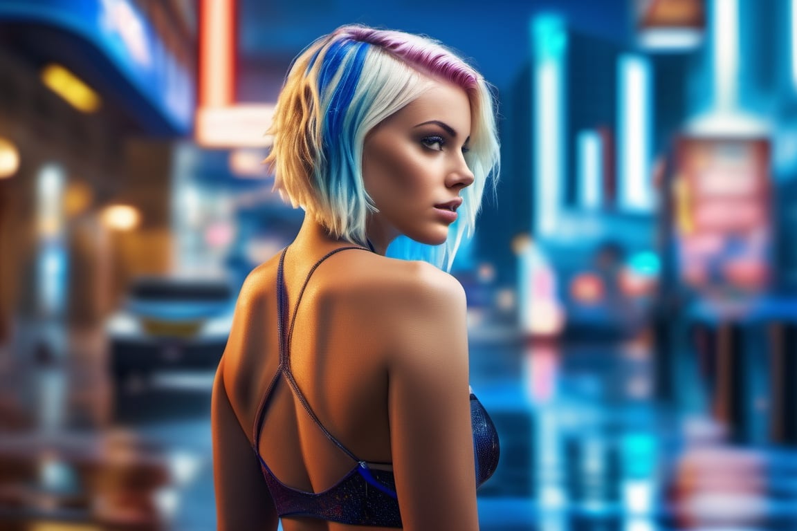 (Cinematic Photo:1.3) of (Ultra detailed:1.3) young teen, white female, blonde and royal blue hair, multicolor hair, wet hair, soaked hair, wet, soaked, short hair, blue eyes, beautiful face, skintight skimpy satin miniskirt, she has wide hips, squatting in futuristic city street, raining, wet hair, shot from behind, head turned to face viewer, low angle view, low angle shot, detailed textures, sharp focus, ultra-high pixel detail, topless, realistic, high-quality, full colors, incredibly detailed, 16k, hyper-realistic, RAW photo, masterpiece, ultra-detailed, professional photography, Highly Detailed