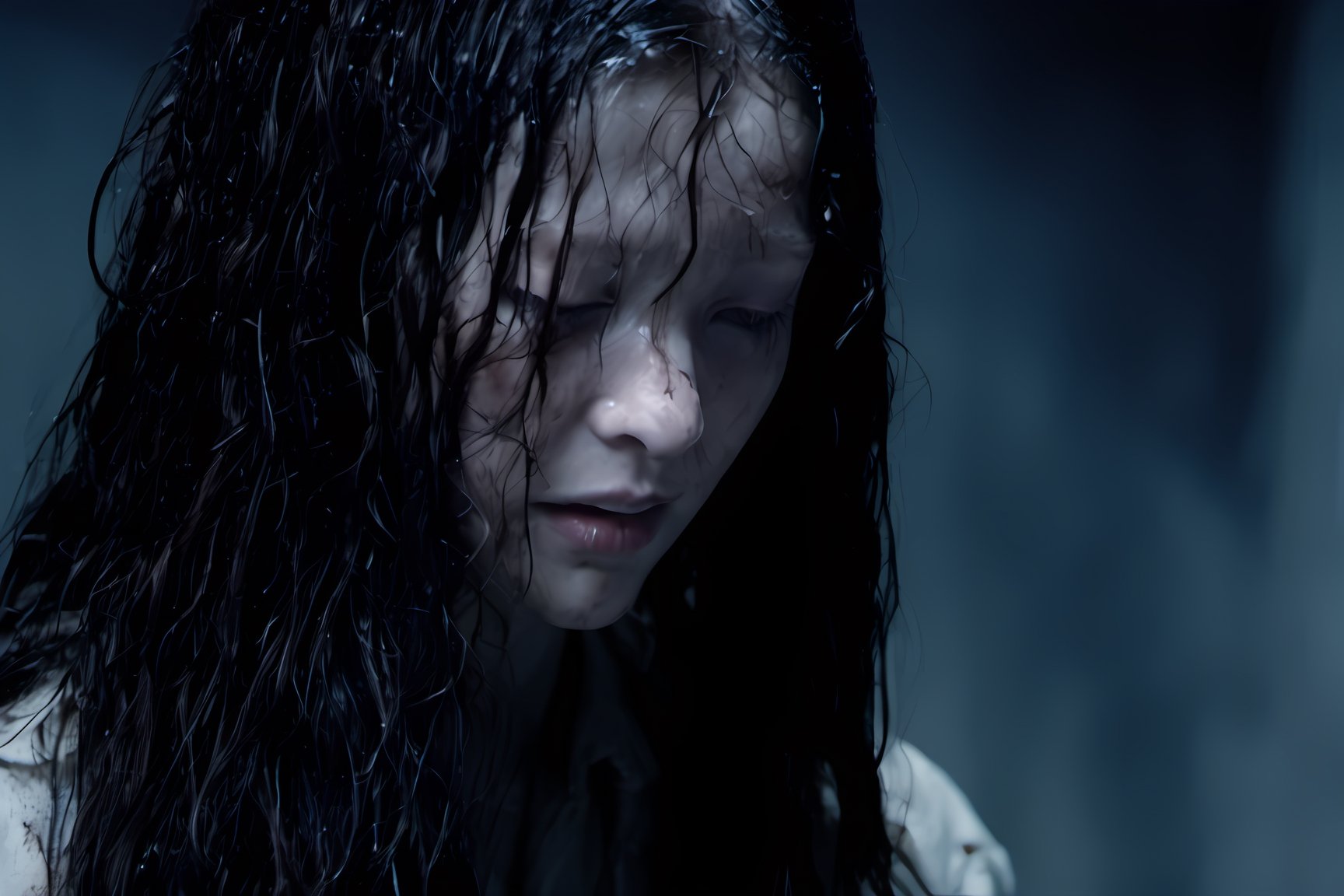 Onryo from the movie The Ring, wet messy hair, high quality, haunted house background, spooky, ghostly appearance, face down, hair falling in front of face, very pale skin