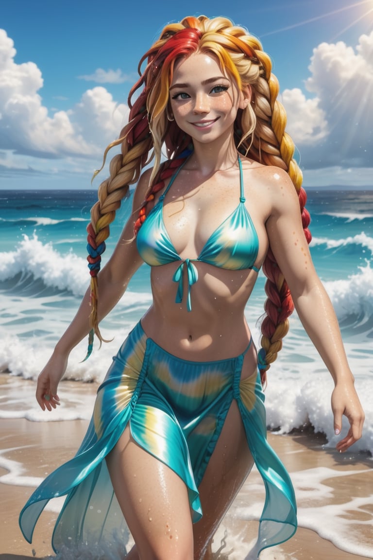 (best quality, masterpiece), 1girl, standing, blonde hair, red hair, mixed color hair, multicolor hair, long hair, braid, dreadlocks, ocean, sandy beach, wet, happy, freckles, paw pose, sun, cloud, nsfw, detailmaster2 shiny skin, perfect body, Bikini top, Silk dress bottom