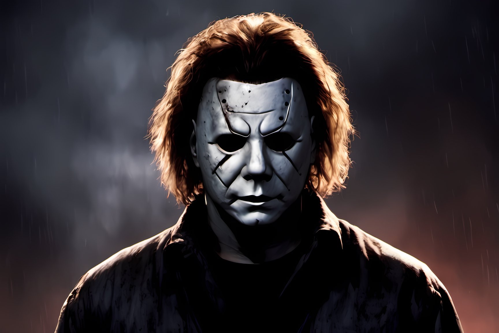 Michael Myers from the movie Halloween, plain mask, emotionless expression, messy hair, high quality, haunted house background, CryingBlood,flmngprsn