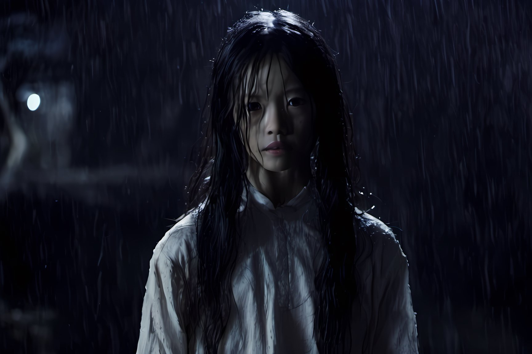 Onryo from the movie The Ring, wet messy hair, high quality, haunted house background, spooky, ghostly appearance