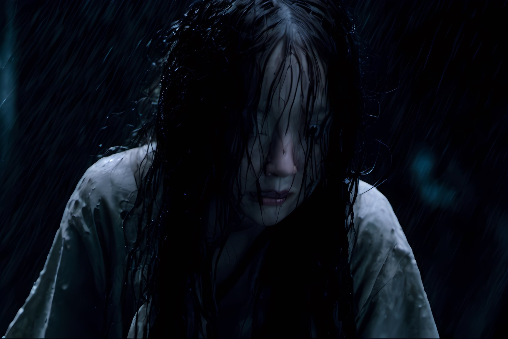 Onryo from the movie The Ring, wet messy hair, high quality, haunted house background, spooky, ghostly appearance, face down, looking down, lots of hair falling in front of face, very pale skin, crawling