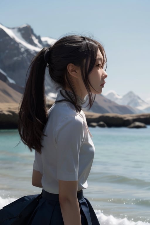 pony_tail, sea, skirt,mountain, ninjascroll, front-face view