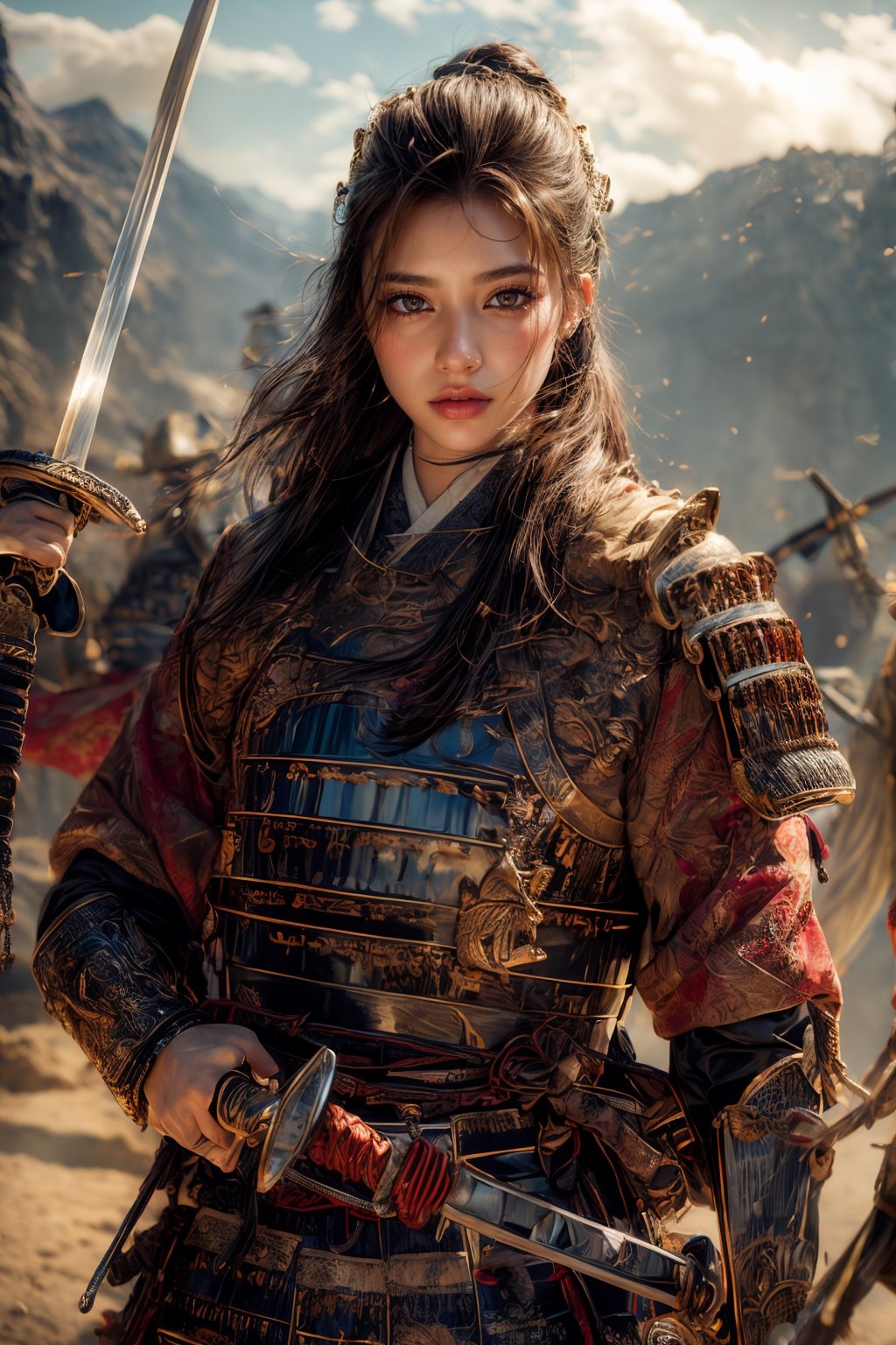 Natural Light, (Best Quality, highly detailed, Masterpiece), (beautiful and detailed eyes), (realistic detailed skin texture), (detailed hair), (Fantasy aesthetic style), (realistic light and shadow), (real and delicate background), ((cowboy shot)), (from high), 1girl, A handsome young general, clad in ancient Samurai armor and a helmet, stands confidently on the volcanic landscape. He holds a sword as he commands a group of ancient Samurai soldiers in their traditional armor and uniforms. 