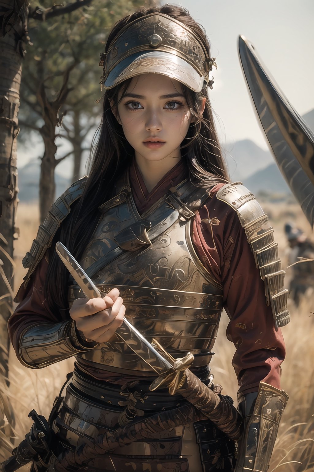 Natural Light, (Best Quality, highly detailed, Masterpiece), (beautiful and detailed eyes), (realistic detailed skin texture), (detailed hair), (Fantasy aesthetic style), (realistic light and shadow), (real and delicate background), ((cowboy shot)), (from high), 1girl, A handsome young general, clad in ancient Han armor and a helmet, stands confidently on the savannah landscape. He holds a sword as he commands a group of ancient Han soldiers in their traditional armor and uniforms. 