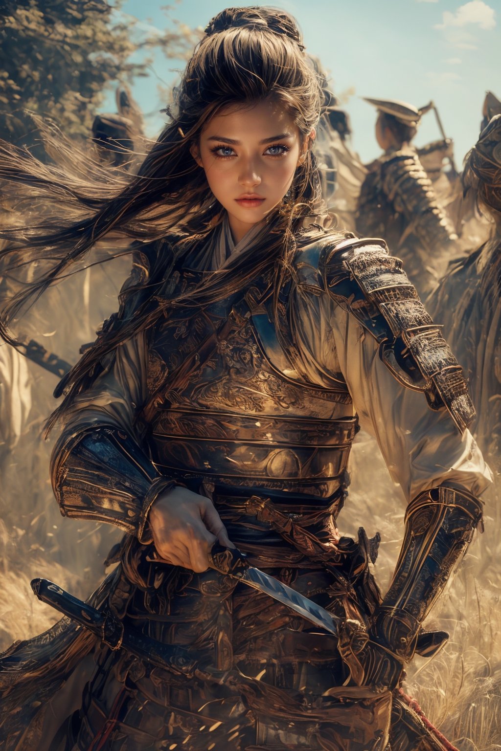 Natural Light, (Best Quality, highly detailed, Masterpiece), (beautiful and detailed eyes), (realistic detailed skin texture), (detailed hair), (Fantasy aesthetic style), (realistic light and shadow), (real and delicate background), ((cowboy shot)), (from high), 1girl, A handsome young general, clad in ancient Han armor and a helmet, stands confidently on the savannah landscape. He holds a sword as he commands a group of ancient Han soldiers in their traditional armor and uniforms. 