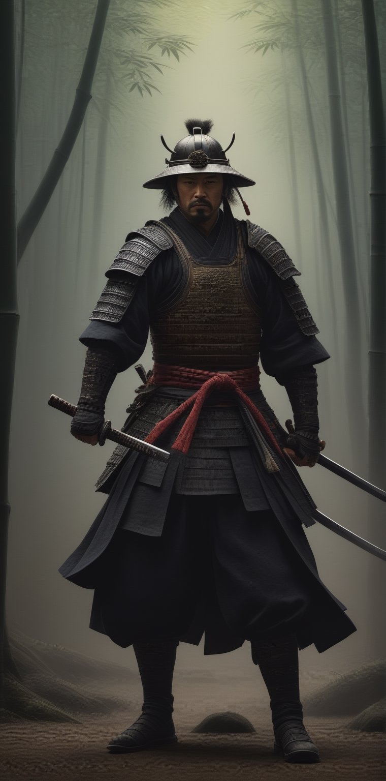 Generate an exceptionally detailed and hyper-realistic masterpiece featuring a remarkably good-looking (Hiroyuki Sanada as Samurai :1.6), (in a dense Bamboo Forest : 1.3) 

emphasizing the grandeur and beauty of their Katana. Envision the Samurai with striking features, captivating eyes reflecting both intensity and grace, and meticulously groomed hair, all harmonizing to enhance the overall visual appeal.

Zoom in on the Samurai's hands, portraying a firm and controlled grip on an exquisitely crafted Katana. Showcase the intricate details of the sword, highlighting the subtle curvature of the blade, the ornate handguard, and the meticulously adorned hilt. Convey the magnificence of the Katana's craftsmanship, illustrating the play of light and shadow on its polished surface.

Position the Samurai dynamically in the midst of battle, with the Katana drawn and engaged in combat. Capture the swift and precise movements, showcasing the Samurai's mastery in wielding the magnificent blade. Utilize advanced lighting techniques to emphasize the reflections on the Katana's surface, bringing out its size, beauty, and the aura of power it exudes.

Craft the battlefield setting with heightened realism, immersing the viewer in the chaos of war while maintaining a focal point on the Samurai and the splendid Katana. Create an image that not only showcases the attractiveness of the warrior but also elevates the Katana to a central element of awe-inspiring beauty in the detailed and vibrant composition.,Kratos ,<lora:659095807385103906:1.0>