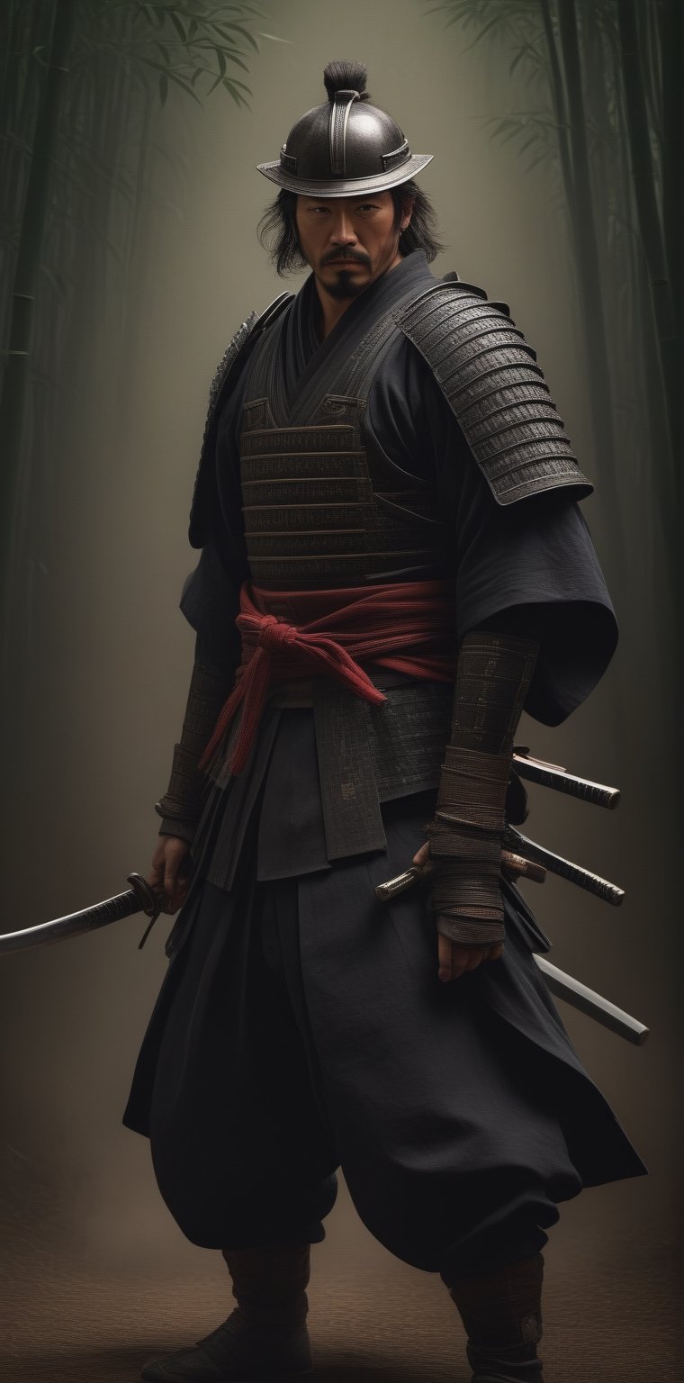 Generate an exceptionally detailed and hyper-realistic masterpiece featuring a remarkably good-looking (Hiroyuki Sanada as Samurai :1.6), (in a dense Bamboo Forest : 1.3) 

emphasizing the grandeur and beauty of their Katana. Envision the Samurai with striking features, captivating eyes reflecting both intensity and grace, and meticulously groomed hair, all harmonizing to enhance the overall visual appeal.

Zoom in on the Samurai's hands, portraying a firm and controlled grip on an exquisitely crafted Katana. Showcase the intricate details of the sword, highlighting the subtle curvature of the blade, the ornate handguard, and the meticulously adorned hilt. Convey the magnificence of the Katana's craftsmanship, illustrating the play of light and shadow on its polished surface.

Position the Samurai dynamically in the midst of battle, with the Katana drawn and engaged in combat. Capture the swift and precise movements, showcasing the Samurai's mastery in wielding the magnificent blade. Utilize advanced lighting techniques to emphasize the reflections on the Katana's surface, bringing out its size, beauty, and the aura of power it exudes.

Craft the battlefield setting with heightened realism, immersing the viewer in the chaos of war while maintaining a focal point on the Samurai and the splendid Katana. Create an image that not only showcases the attractiveness of the warrior but also elevates the Katana to a central element of awe-inspiring beauty in the detailed and vibrant composition.,Kratos ,<lora:659095807385103906:1.0>