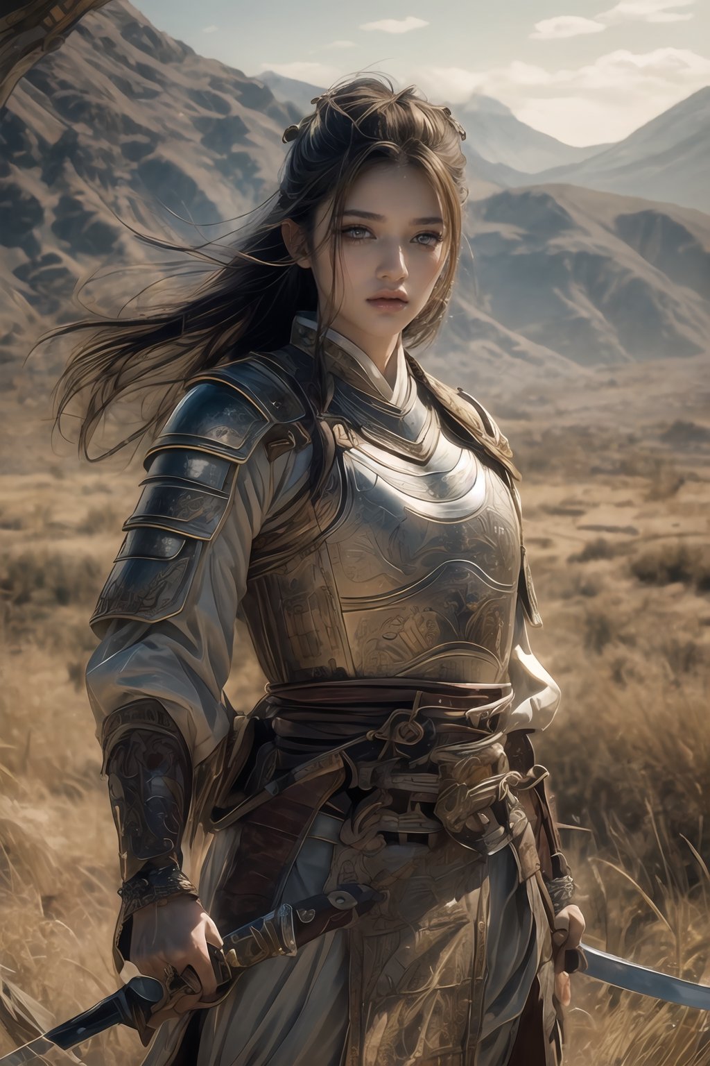 Natural Light, (Best Quality, highly detailed, Masterpiece), (beautiful and detailed eyes), (realistic detailed skin texture), (detailed hair), (Fantasy aesthetic style), (realistic light and shadow), (real and delicate background), ((cowboy shot)), (from high), 1girl, A handsome young general, clad in ancient Han armor and a helmet, stands confidently on the savannah landscape. He holds a sword as he commands a group of ancient Han soldiers in their traditional armor and uniforms. 