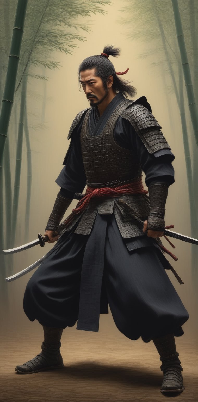 Generate an exceptionally detailed and hyper-realistic masterpiece featuring a remarkably good-looking (Hiroyuki Sanada as Samurai :1.6), (in a dense Bamboo Forest : 1.3) 

emphasizing the grandeur and beauty of their Katana. Envision the Samurai with striking features, captivating eyes reflecting both intensity and grace, and meticulously groomed hair, all harmonizing to enhance the overall visual appeal.

Zoom in on the Samurai's hands, portraying a firm and controlled grip on an exquisitely crafted Katana. Showcase the intricate details of the sword, highlighting the subtle curvature of the blade, the ornate handguard, and the meticulously adorned hilt. Convey the magnificence of the Katana's craftsmanship, illustrating the play of light and shadow on its polished surface.

Position the Samurai dynamically in the midst of battle, with the Katana drawn and engaged in combat. Capture the swift and precise movements, showcasing the Samurai's mastery in wielding the magnificent blade. Utilize advanced lighting techniques to emphasize the reflections on the Katana's surface, bringing out its size, beauty, and the aura of power it exudes.

Craft the battlefield setting with heightened realism, immersing the viewer in the chaos of war while maintaining a focal point on the Samurai and the splendid Katana. Create an image that not only showcases the attractiveness of the warrior but also elevates the Katana to a central element of awe-inspiring beauty in the detailed and vibrant composition.,Kratos ,<lora:659095807385103906:1.0>