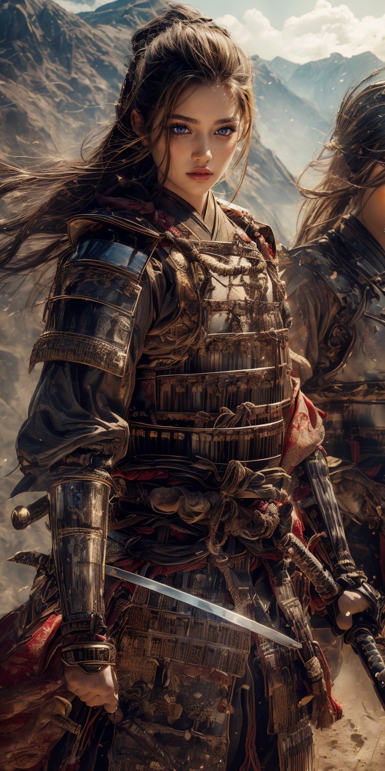 Natural Light, (Best Quality, highly detailed, Masterpiece), (beautiful and detailed eyes), (realistic detailed skin texture), (detailed hair), (Fantasy aesthetic style), (realistic light and shadow), (real and delicate background), ((cowboy shot)), (from high), 1girl, A handsome young general, clad in ancient Samurai armor and a helmet, stands confidently on the volcanic landscape. He holds a sword as he commands a group of ancient Samurai soldiers in their traditional armor and uniforms. 