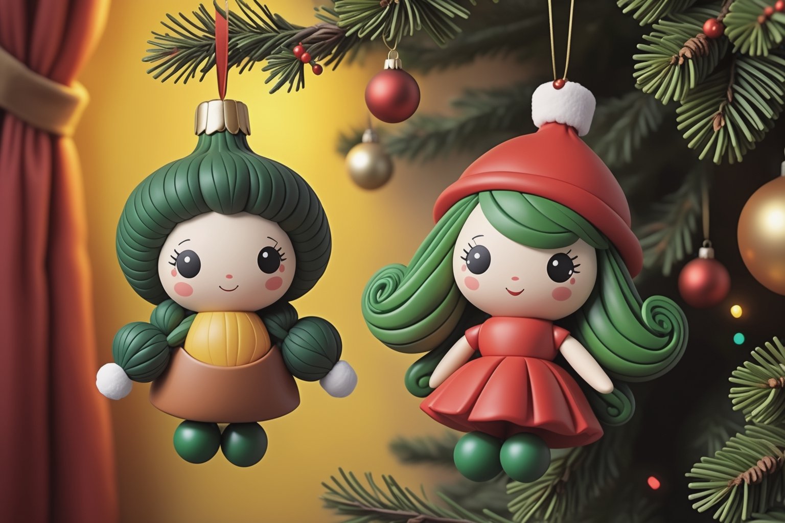 Vegetable doll decorations hanging in Christmas tree, cartoon style, warm atmosphere