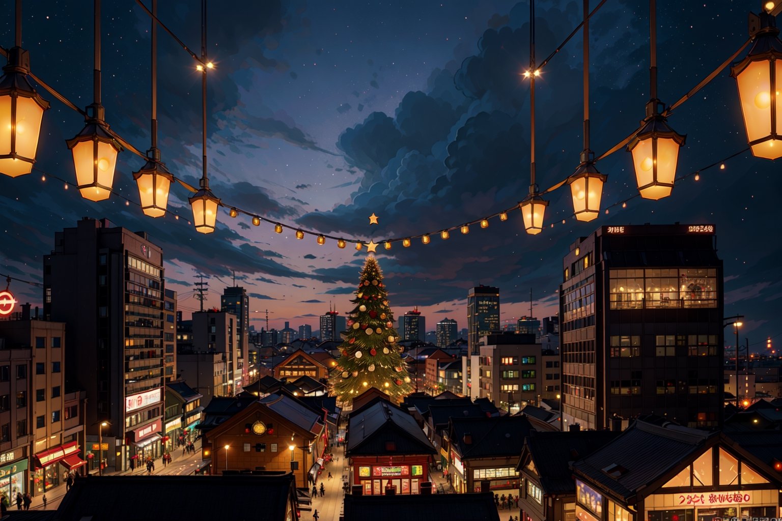 2023 christmas seoul city scenery, beauty, warm colors, anime style,Isometric