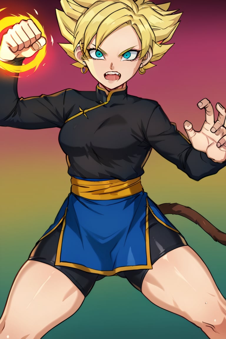 1girl, solo, blonde hair, tail, aqua eyes, open mouth, monkey tail, looking at viewer, energy ball, incoming attack, foreshortening, white_thighhighs, bike_shorts, teeth, shirt, fighting stance, sash, thicc_thighs, NSFW, metal owl,Viola,swept bangs,short hair,china dress,pelvic curtain,long sleeves,black shirt,hoop earrings, super saiyan, spiked hair,ratatatat74 artstyle