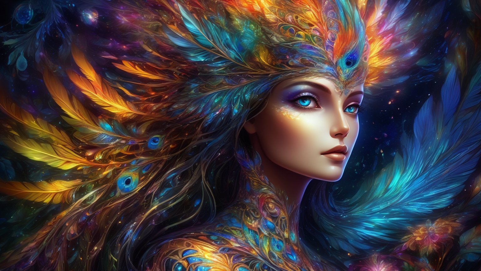 Photo of a beautiful majolica exotic bird-woman with translucent feathers emitting glowing cosmic energy and radiance with glowing fractal glass elements, awe inspiring sense of beauty, flawless masterpiece, UHD,  hyperdetailed face,  hyperdetailed eyes, bacteria art style, galaxy, wide_hips, 35mm digital photograph, sharp focus on eyes, foliage and flowery vines, colorful rendition 