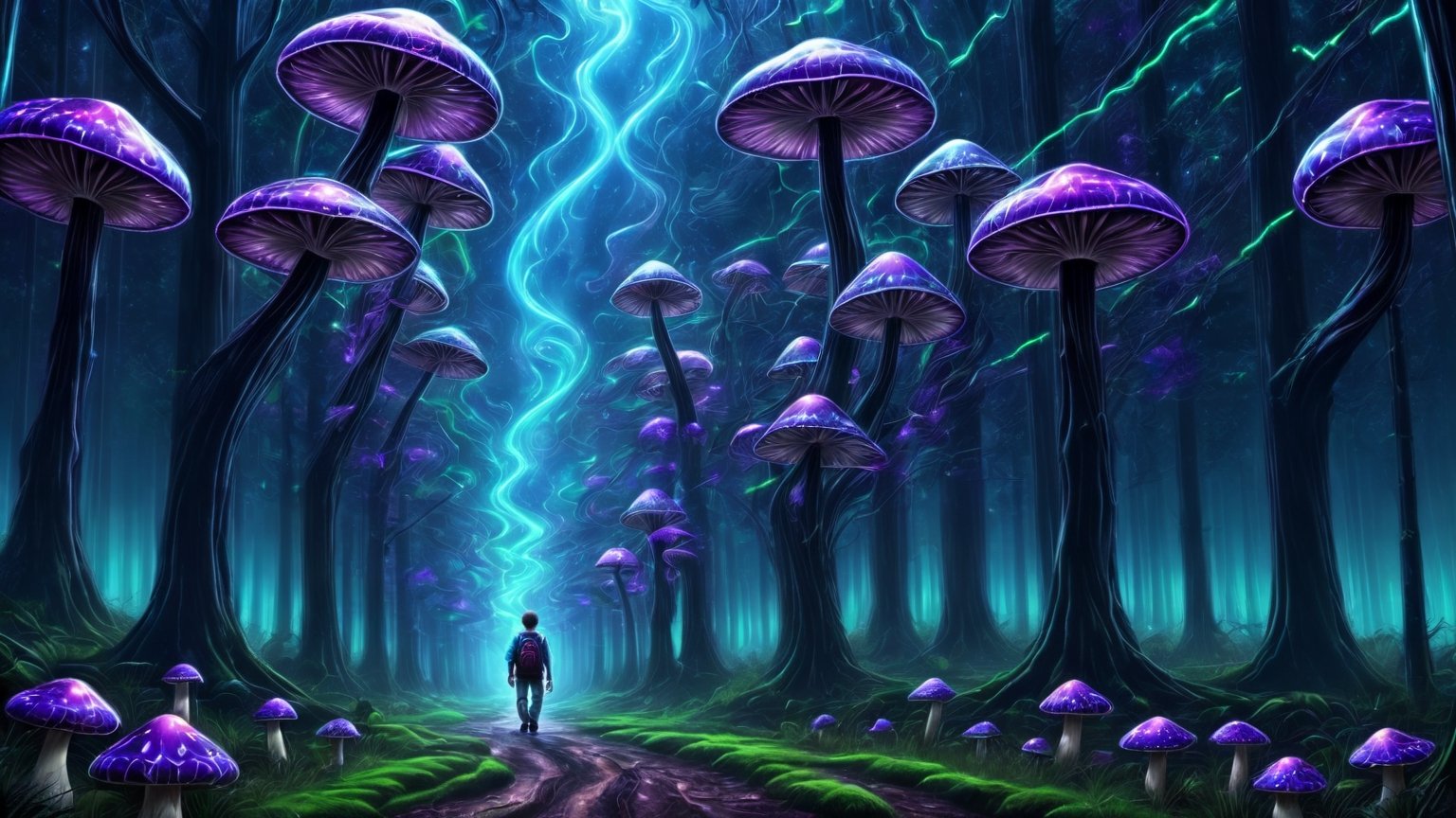 Higher ground, a forest of big vivid mushrooms, fluorescent blue style, a path to a door, a young boy with a bagpack, a giant door
