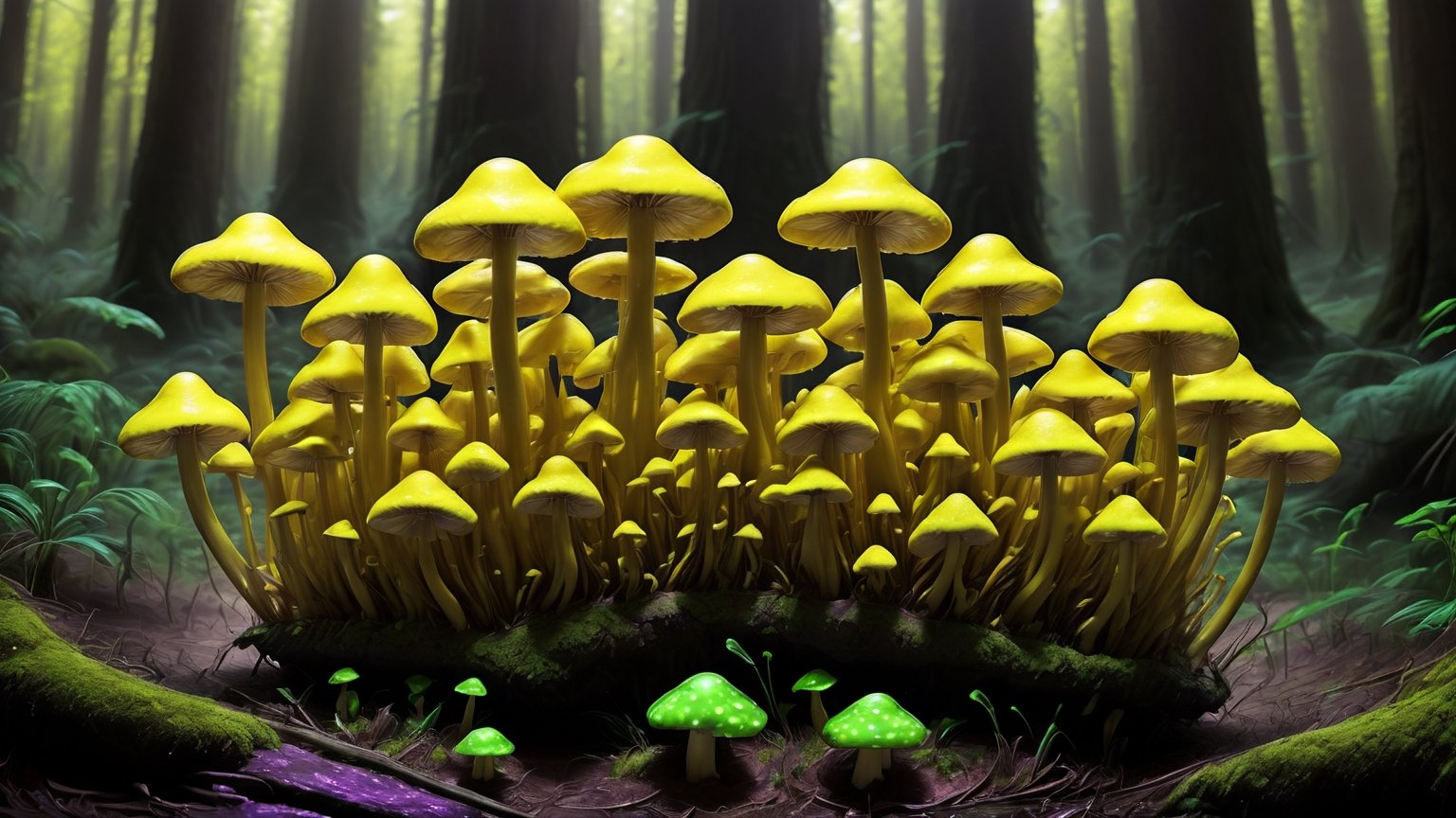 Higher ground, vivid mushrooms, fluorescent yellow