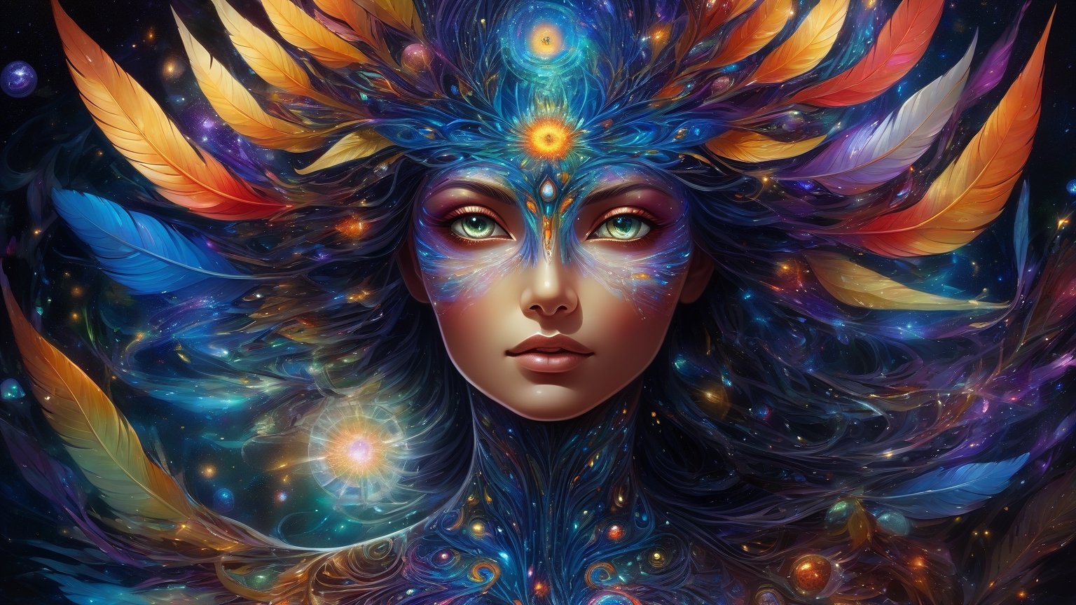 Photo of a beautiful majolica exotic bird-woman with translucent feathers emitting glowing cosmic energy and radiance with glowing fractal glass elements. Behind her the cosmic spacewith stars and planets, awe inspiring sense of beauty, flawless masterpiece, UHD,  hyperdetailed face,  hyperdetailed eyes, bacteria art style, galaxy, wide_hips, 35mm digital photograph, sharp focus on eyes, foliage and flowery vines, colorful rendition 