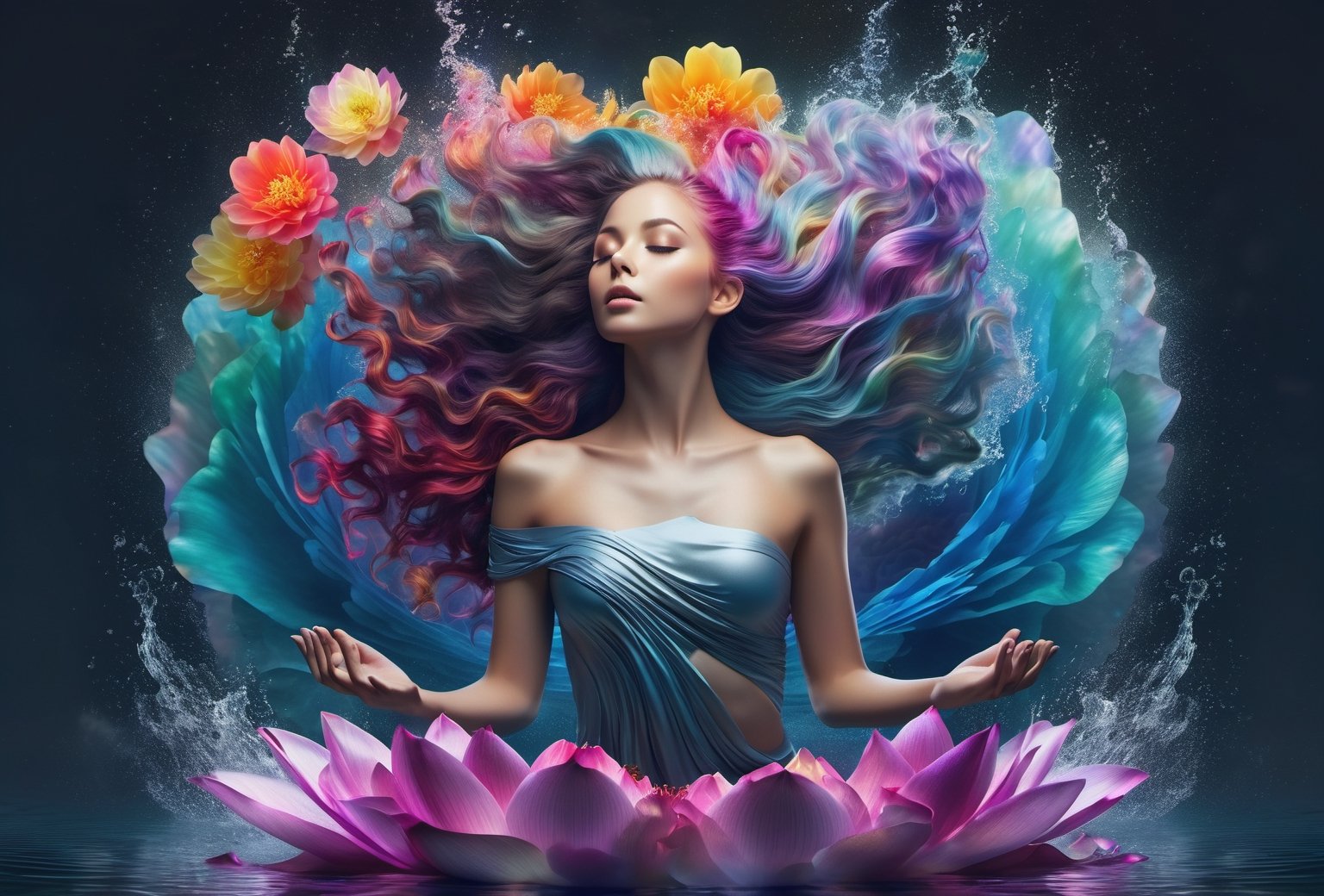 Big half moon in the background. Beatiful steam-like woman with colorful flowy hair and body resembling steam in water, meditating in lotus position. work of beauty and complexity,  ghostcore, prismatic glow elements, fluidity, detailed face, 8k UHD ,A girl dancing,  alberto seveso style, flower petals flying with the wind