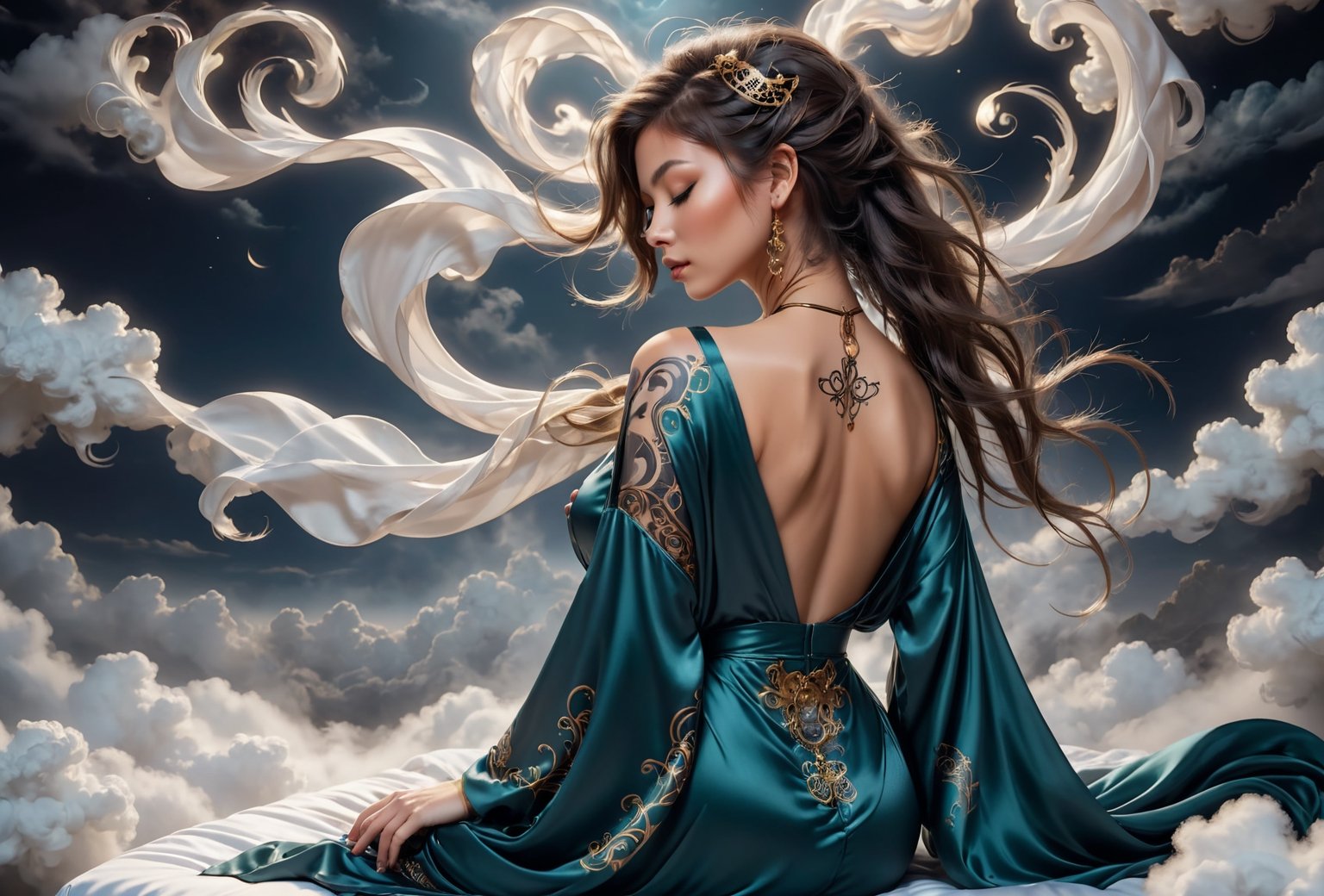 A seductive enchantress, draped in flowing silk robes that reveal glimpses of her enchanting tattoos, surrounded by swirling magical energy, sleeping on a bed of clouds.
lingerie, extremely rear view cute ass,DonML1quidG0ldXL ,Mechanical part,isni,SteelHeartQuiron character,mythical clouds