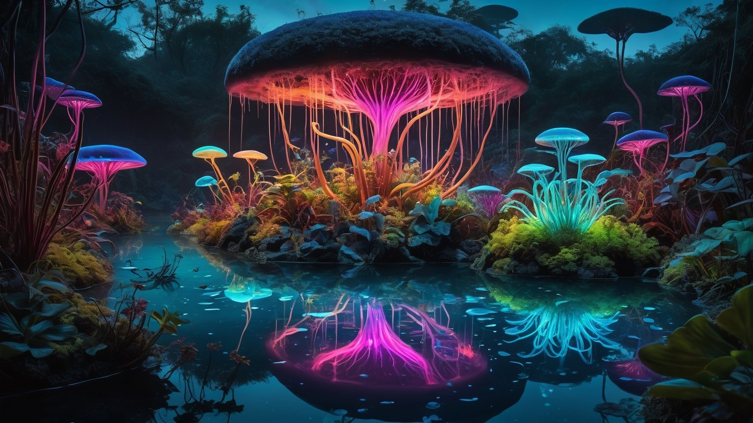 An otherworldly garden with colorfull bioluminescent plants and floating terrains, inhabited by strange, ethereal creatures glowing in the twilight.