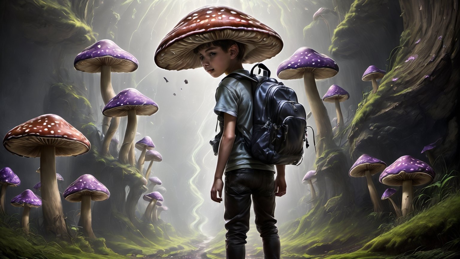 Higher ground, big mushrooms, a young boy with a bagpack