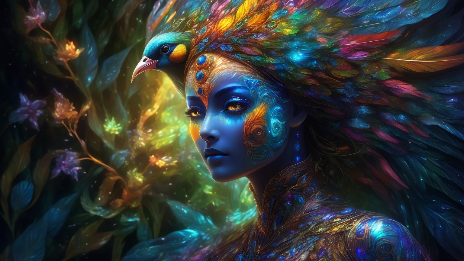 Photo of a beautiful majolica exotic bird-woman with translucent feathers emitting glowing cosmic energy and radiance with glowing fractal glass elements, awe inspiring sense of beauty, flawless masterpiece, UHD,  hyperdetailed face,  hyperdetailed eyes, bacteria art style, galaxy, wide_hips, 35mm digital photograph, sharp focus on eyes, foliage and flowery vines, colorful rendition 