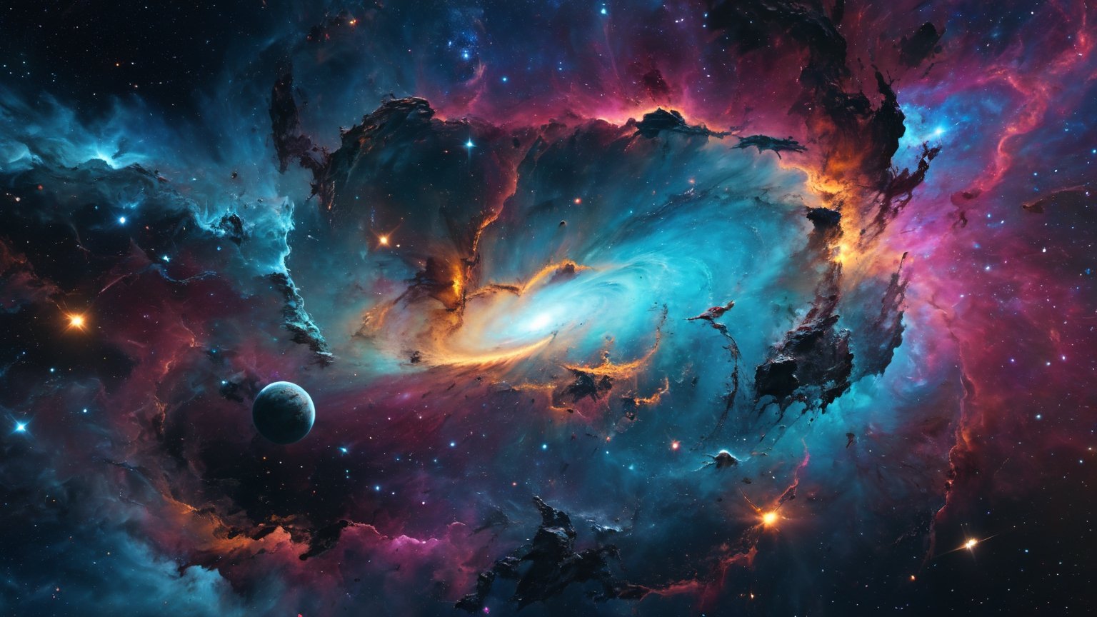 ultra realistic 8k cg,  flawless,  clean,  masterpiece,  professional artwork,  famous artwork,  cinematic lighting,  cinematic bloom,  abstract and colorful paint style,  background focus, ,  vast galaxy,  cosmic energy,  alien planet,  painted world,  colorful splashes, (((limitless desolation))),  deep space,  floating,  ((no characters)),  , DonMC3l3st14l3xpl0r3rsXL, Sci-fi