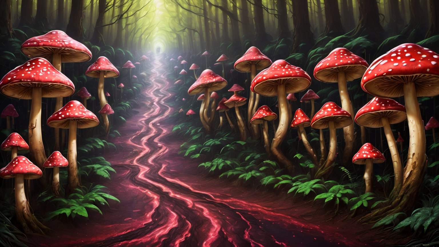 Higher ground, a forest of big vivid mushrooms, fluorescent red style, a path to a door, a muchroom man walking along