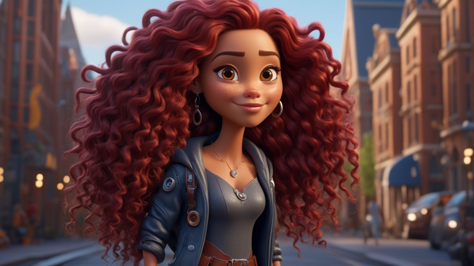 full body, expressive caricature in Pixar style, unreal, mischievous, beautiful girl with long curly burgundy hair, city street, dynamic pose, cartoon art, trending style on artstation, sharp focus, studio photography, intricate details, very detailed, by Greg Rutkowski, sharp focus, depth of field, unreal engine, perfect composition, art station, 8k, hdr, 

cyborg style, Movie Still