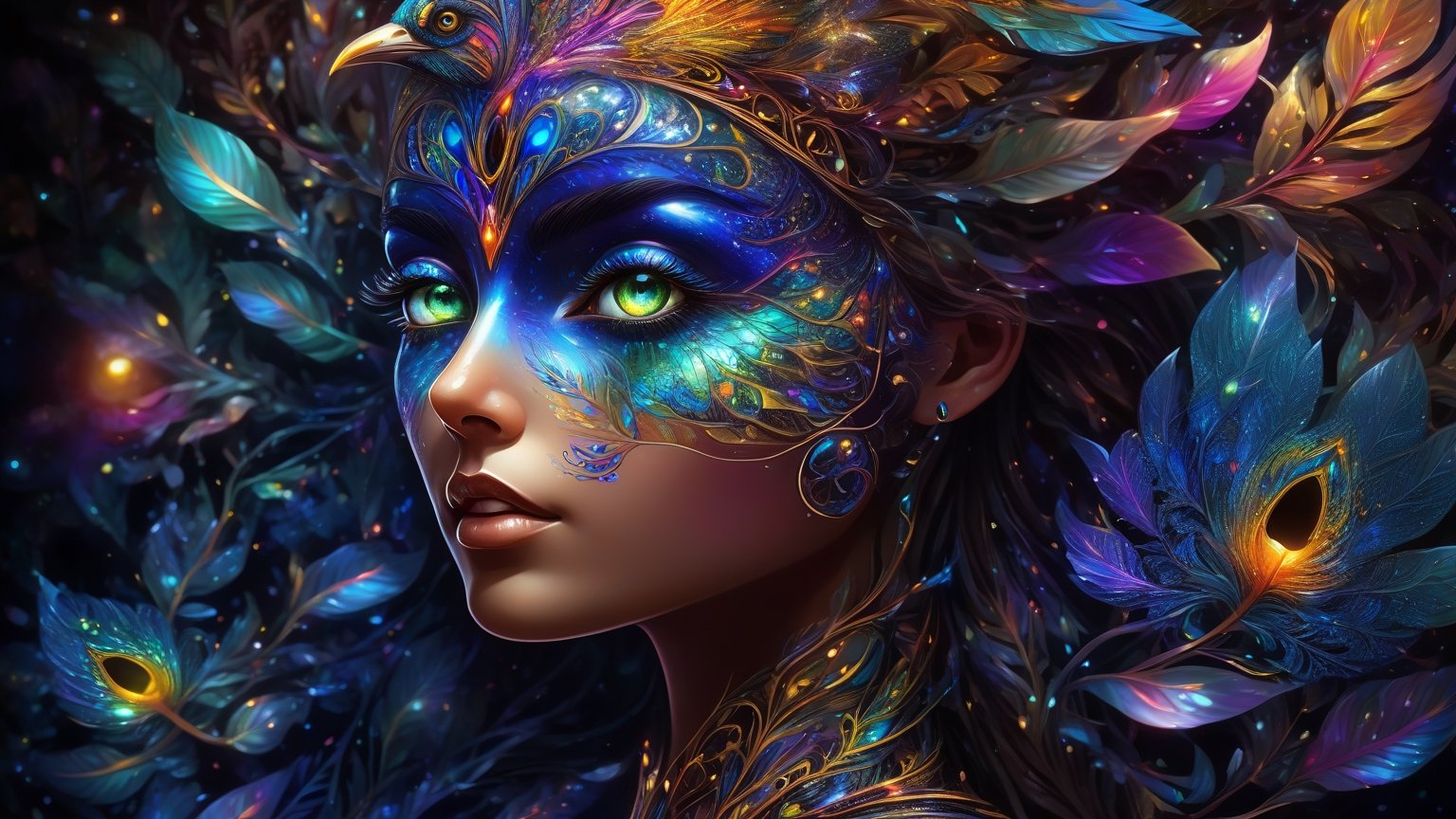 Photo of a beautiful majolica exotic bird-woman with translucent feathers emitting glowing cosmic energy and radiance with glowing fractal glass elements, awe inspiring sense of beauty, flawless masterpiece, UHD,  hyperdetailed face,  hyperdetailed eyes, bacteria art style, galaxy, wide_hips, 35mm digital photograph, sharp focus on eyes, foliage and flowery vines, colorful rendition 