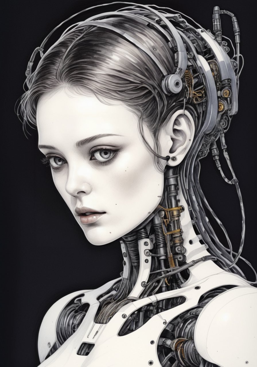 The image is a drawing of a robotic humanoid with mechanical parts and wires, in a futuristic setting.dark background, ink ,watercolor \(medium\),oil painting,lineart,Pencil Draw