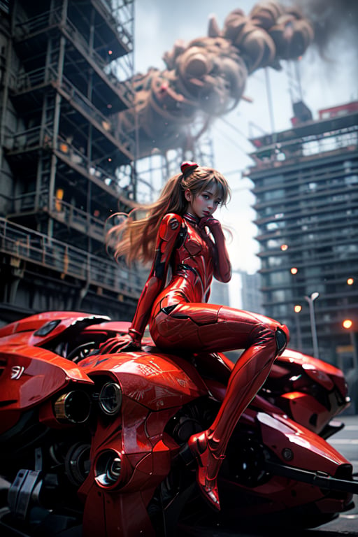 Epic CG masterpiece, Asuka Langley Soryu,hdr,dtm, full ha, charging forward battlefield, the burst meteor, the fierce battle of fighting with his life, 8K, ultra detailed graphic tension, dynamic poses, stunning colors, 3D rendering, surrealism, cinematic lighting effects, realism, 00 renderer, super realistic, full - body photos, super vista, super wide Angle, HD,Asuka Langley Soryu,Asuka Langley Soryu,Asuka Langley Soryu, black with red motorcycle in the background 