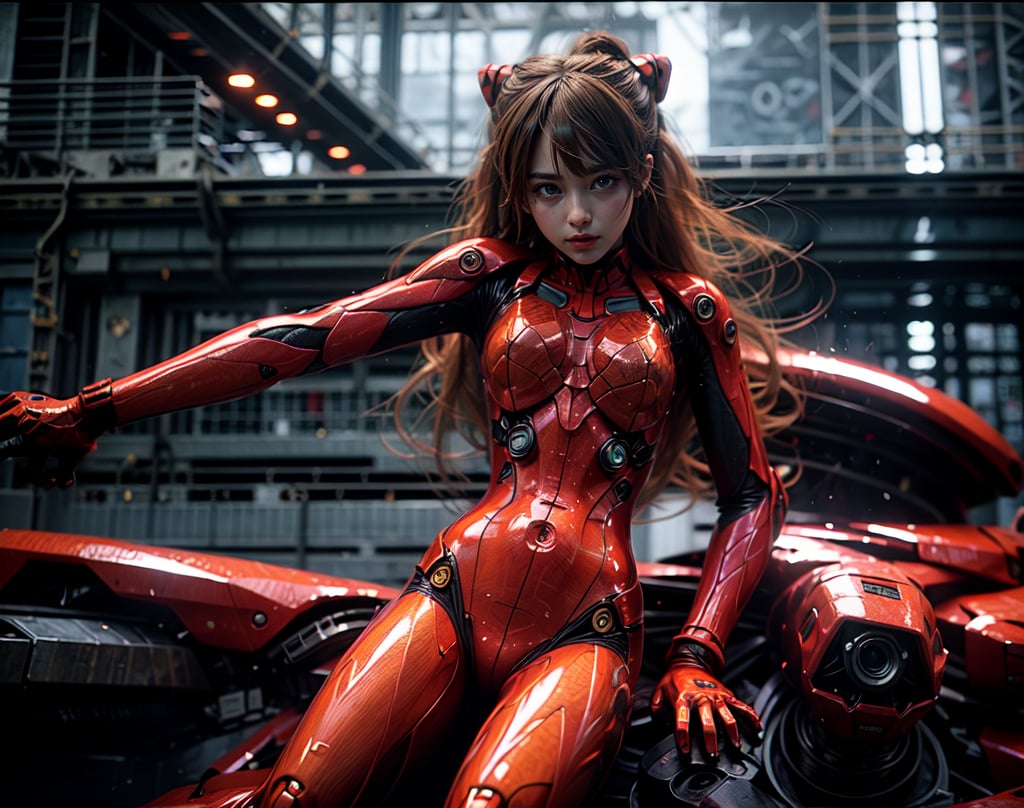 Epic CG masterpiece, Asuka Langley Soryu,hdr,dtm, full ha, charging forward battlefield, the burst meteor, the fierce battle of fighting with his life, 8K, ultra detailed graphic tension, dynamic poses, stunning colors, 3D rendering, surrealism, cinematic lighting effects, realism, 00 renderer, super realistic, full - body photos, super vista, super wide Angle, HD,Asuka Langley Soryu,Asuka Langley Soryu,Asuka Langley Soryu, black with red motorcycle in the background 