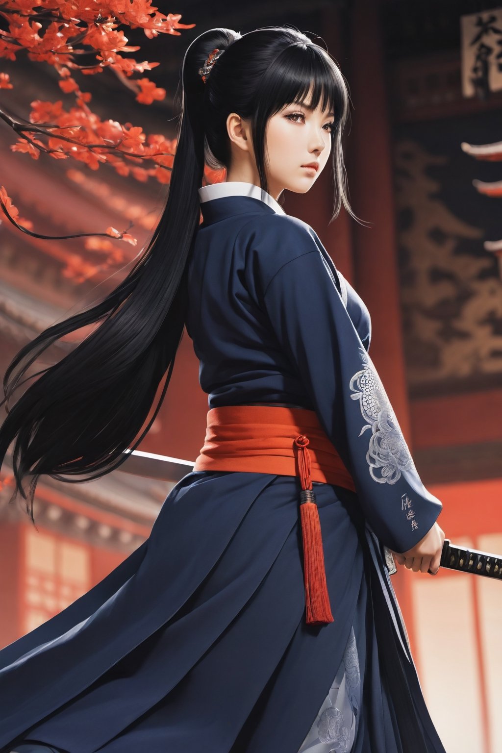 Hinata Hyūga .  flat color,very aesthetic,intricate,best quality,amazing quality,extremely hyghres resolution,ultra-detailed,intricate detailed face and eyes,intricate line,delicate drawing,1girl, solo, skirt, black hair, hair ornament, , full athletic body, ponytail, weapon, focus, japanese clothes,  wide sleeves,  katana, sheath, , (visual poetry), (cultural expression), (Chinese characters:1.3),
,realhands