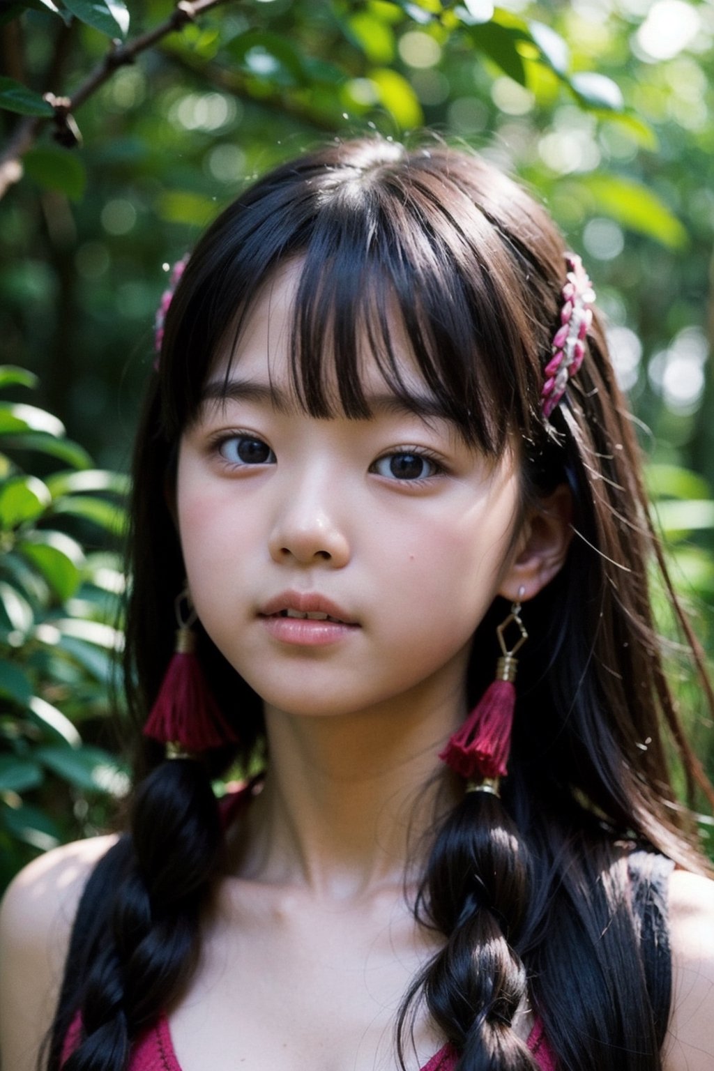 (((deep in the woods))),(looking at the audience),(((Photos that focus on faces))), (((focus on the face))),
人：1 korean little girl,
髮：(bangs),(long hair),(((hair weaving:1.4))),
服：((low-cut)),(sleeveless spaghetti straps),