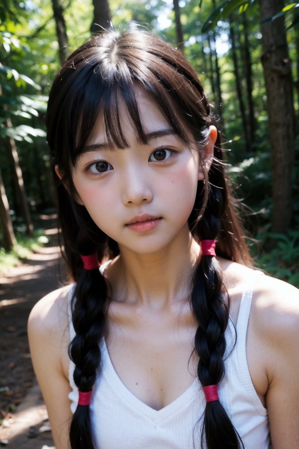 (((deep in the woods))),(looking at the audience),(((Photos that focus on faces))), (((focus on the face))),
人：1 korean little girl,
髮：(bangs),(long hair),(((hair weaving:1.4))),
服：((low-cut)),(sleeveless spaghetti straps),