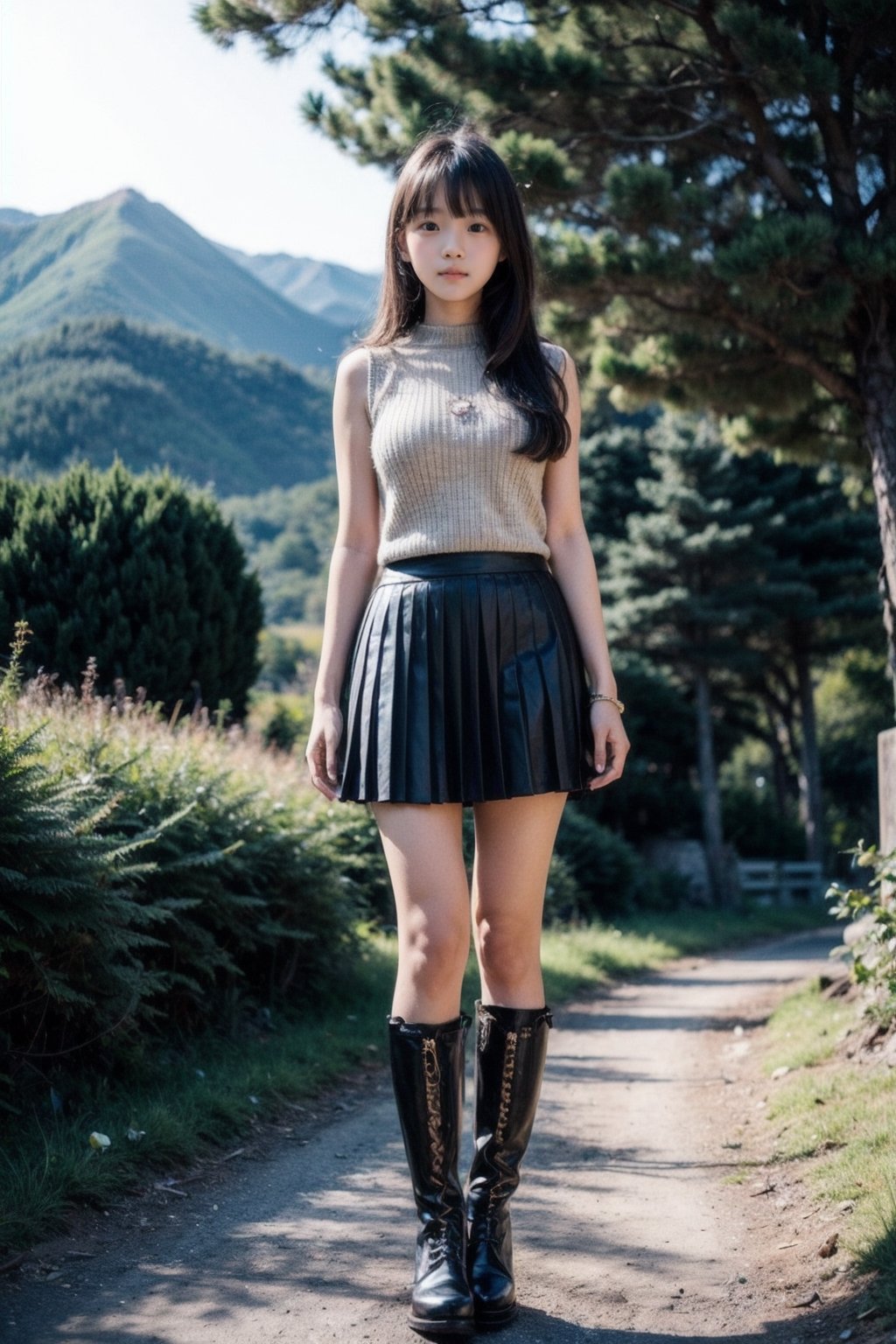 (((Mountain forest at night))),(looking at the audience),(((standing))),
人物：(((a korean young girl))),Beautiful oval face,
頭髮：(bangs),(long hair),
服飾：(Low-cut sleeveless sweater with extended hem:1.3), (embroidered pleated skirt), (black boots),