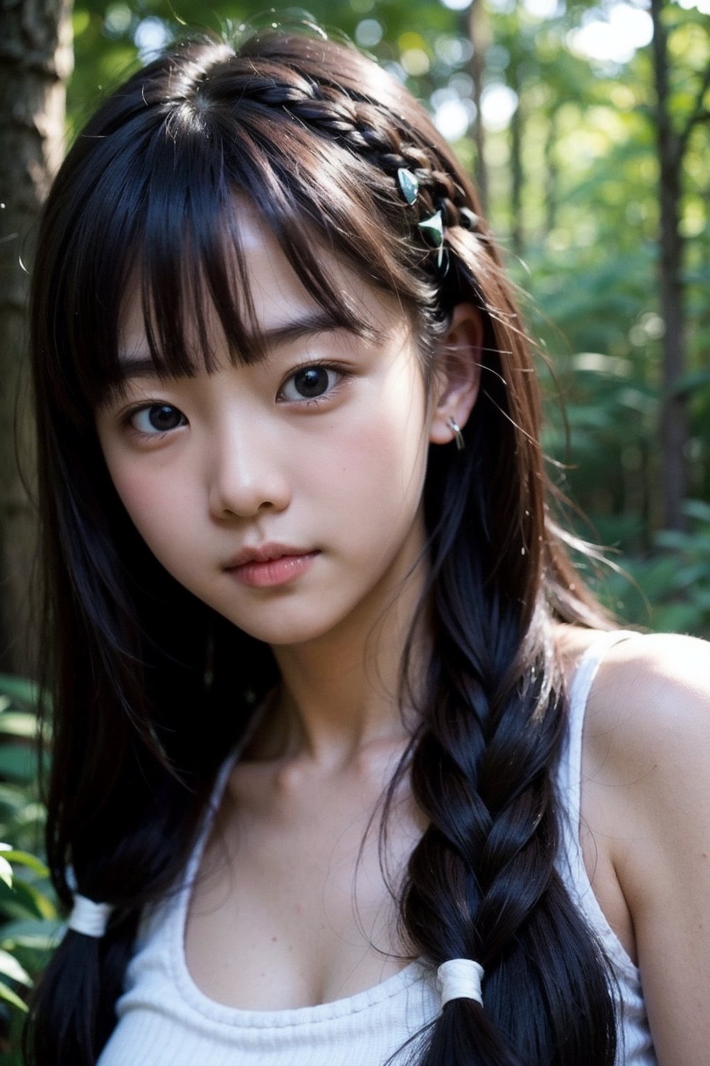 (((deep in the woods))),(looking at the audience),(((Photos that focus on faces))), (((focus on the face))),
人：1 korean little girl,
髮：(bangs),(long hair),(((hair weaving:1.4))),
服：((low-cut)),(sleeveless spaghetti straps),