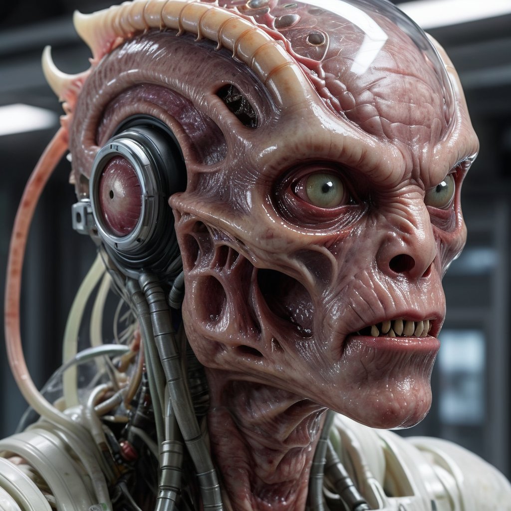 Hyperrealistic, HD, intricate details, humanoid decapodicampes monster, head and half head, with half translucent body and internal in a high-tech alien lab, translucent-flesh-grey, raw meat face, edges merged, smooth heads, smooth face, organic smooth scaly skin, horn, spacesuit, helmet, wet, bulky, old civic building, silk skin, compound eyes, tiny bug eyes with slit pupils, solid neck, hair, focus, by pascal blanche rutkowski repin artstation hyperrealism, 4 k 