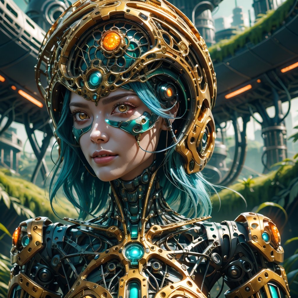 Cinematic results, colorful picture of a beautiful cyborg with short flowy blue hair,  she is wearing an intricate brocade dress gold jewelry,  she is surrounded by nature in a futuristic utopian city, work of beauty and complexity, dynamic pose, 8kUHD , ultradetailed face  ,DonMG414, surreal vibe, flowers, amber glow,