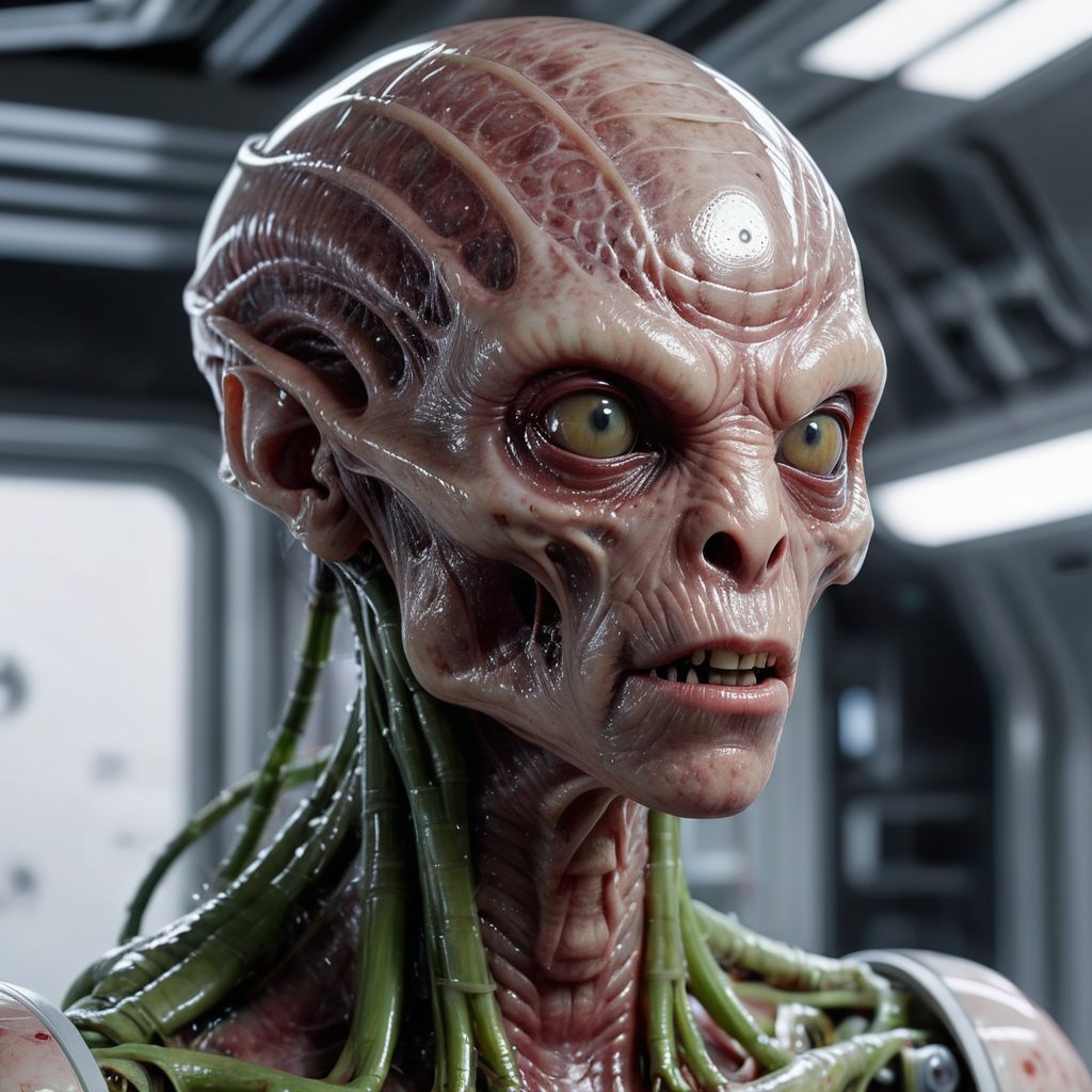 Hyperrealistic, HD, intricate details, humanoid decapodicampes monster, head and half head, with half translucent body and internal in a high-tech alien lab, translucent-flesh-grey, raw meat face, edges merged, smooth heads, smooth face, organic smooth scaly skin, horn, spacesuit, helmet, wet, bulky, old civic building, silk skin, compound eyes, tiny bug eyes with slit pupils, solid neck, hair, focus, by pascal blanche rutkowski repin artstation hyperrealism, 4 k 