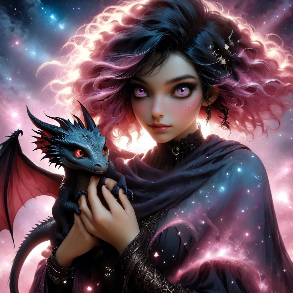 red cartoon character. Vampy is a (((13 years))) old and is a vampire girl. She has ((((short black hair, bob haircut)))), and red eyes. (pink skin), She is gothic, modern dark costume.

{{best quality}}, {{masterpiece}}, {{ultra detailed}}, {illustration}, {light detailed}, {an extremely delicate and beautiful}, Vampy holding a cute little dragon, a realistic little dragon, {beautiful detailed eyes}, stars in eyes, messy floating hair, colored inner hair, starry sky adorns hair, depth of field, detailed eyes, PetDragon2024xl, niji style, perfectly posed, meticulously composed.
​​All styles of artists Dan Mumford, Andy Kehoe and Luis Royo, featuring a double exposure effect on the texture of cracked paper, and vibrant colors