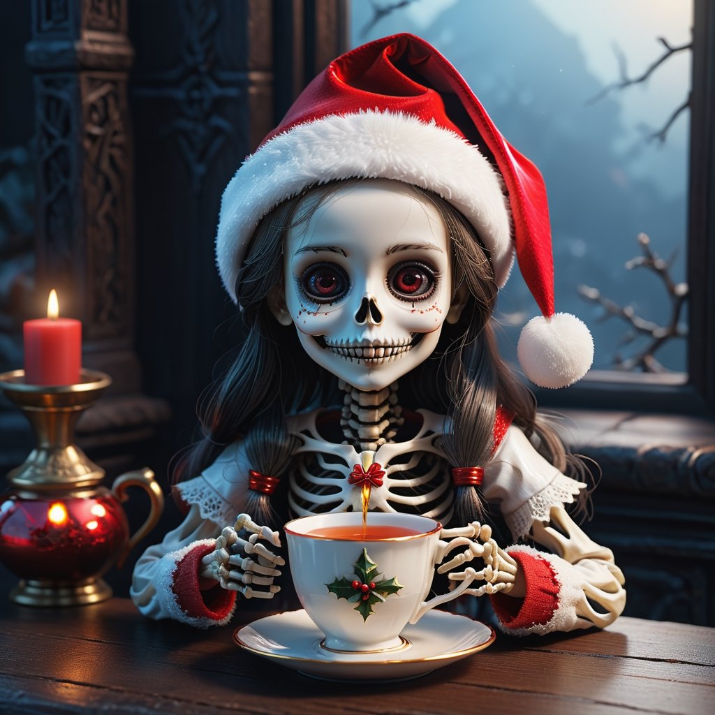 a tiny Christmas girl doll wearing Santa hat that is sitting down with a cup of tea, by Eddie Mendoza, gothic art, textured detailed skeleton, creepy child doll, superb detail 8 k masterpiece, surreal tea party, gothic girl face, super intricate, porcelain doll, intricate ornate anime cgi style, beautiful and terrifying, profile pic, Christmas nightmare theme,Ultra-detailed 3D digital art, high resolution, photorealistic rendering, sharp focus, high-quality background, ultra-detailed landscape, ultra-sharp focus, consistent style, unique and well-developed concept, Unreal Engine, intricate details, beautiful color grading, bright lights , symmetry.
