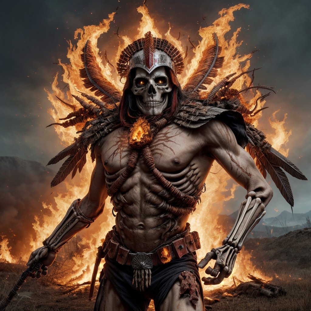 Full image of a Skeleton with full of fire , with lakota headdress in the battlefield, fire burning everywhere, flame on , post apocalypse, realistic, 34k, dc comics,realistic,More Detail