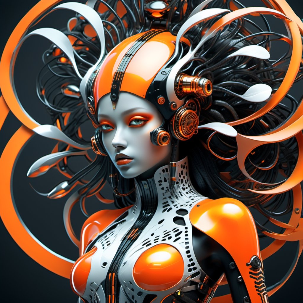 ma black and white, futuristic woman in an orange dress, in the style of highly stylized figures, cybergoth, naoto hattori, 8k 3d, botticelli-esque figures, shiny/glossy, luminescent color scheme,Ultra-detailed 3D digital art, high resolution, photorealistic rendering, sharp focus, high-quality background, ultra-detailed landscape, ultra-sharp focus, consistent style, unique and well-developed concept, Unreal Engine, intricate details, beautiful color grading, bright lights , symmetry.
