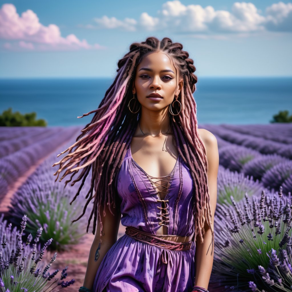 Realistic and Stunning woman dressed in purple and wearing boho clothing, long pink and purple dreadlocks and braids, stunning woman standing amidst a sea of ​​lavender, ink splashes accentuate the intricate details of her outfit, shades of violet blend with the purple hues of the surrounding flowers, high contrast between subject and background, lavender field stretching to the horizon, soft focus background, ink splashes adding dynamic texture, natural light, ultra-fine and dramatic lighting. Realistic lighting, highly detailed,beautiful hair, long hair