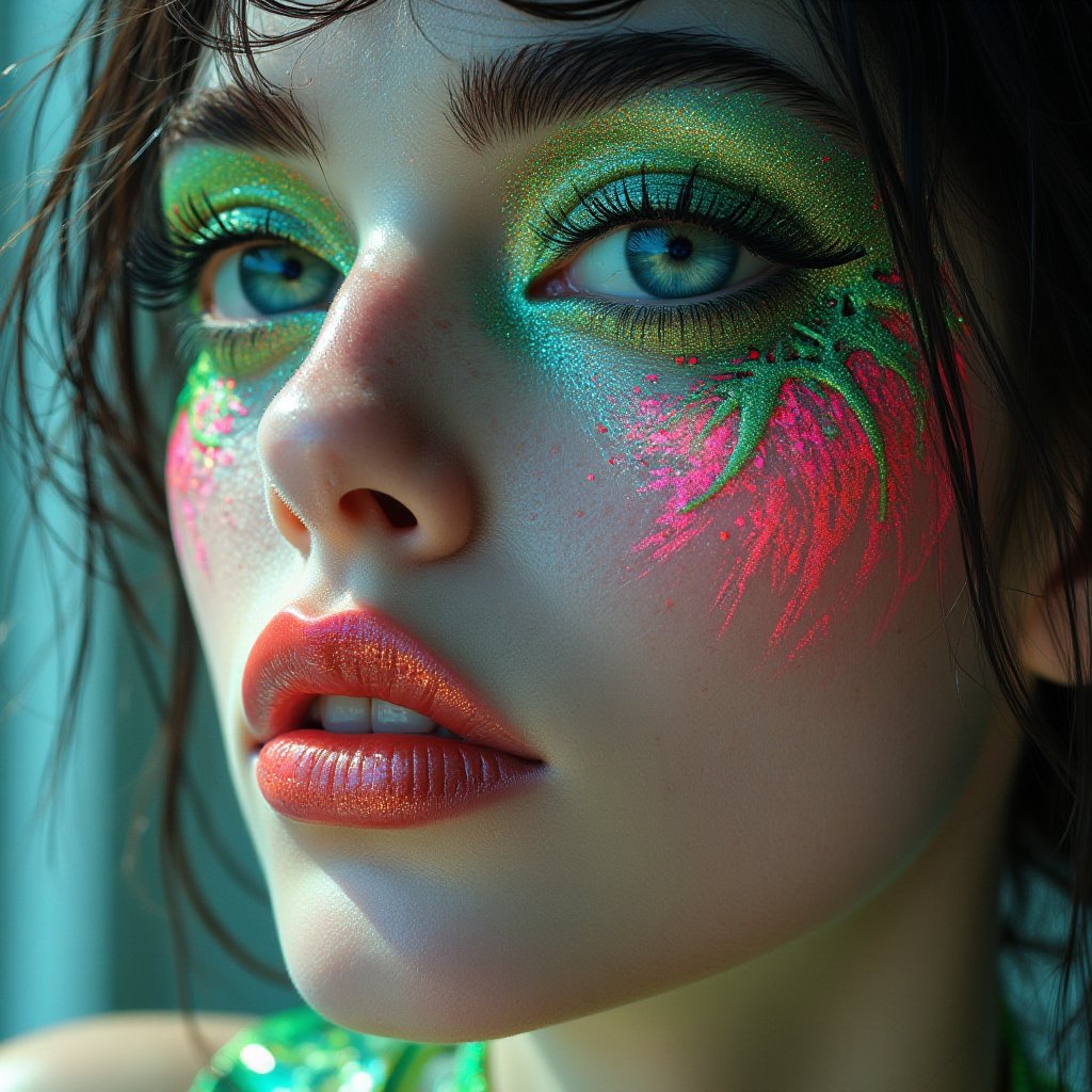 A snapshot of a retro-futuristic, sci-fi, surreal, psychedelic, neon green, pink, polka-dot pattern, exaggerated features, eerie, smooth texture, animalistic eyes, abstract background, 1970s aesthetic, porcelain skin, bleeding makeup, space-age.