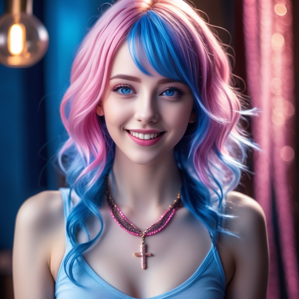 1girl, photorealistic, naughty face, multicolored hair, pink hair, blue hair, rolling_eyes, cross-eyed, ahegao, open mouth, evil smile,(RAW photo, best quality), (realistic, photo-Realistic:1.3), best quality, masterpiece, beautiful and aesthetic, 16K, (HDR:1.4), high contrast, (vibrant color:1.4), (muted colors, dim colors, soothing tones:0), cinematic lighting, ambient lighting, sidelighting, Exquisite details and textures, cinematic shot, Warm tone, (Bright and intense:1.2), ultra realistic illustration, siena natural ratio, 	(fantasy theme:1.4),	very long curly hair, (pink|blue hair:1.5), shirt unbuttoned,	a beautiful Ukrainian model, 	blue eyes,	Ruby necklace, bracelet, provocative, looking at the viewer