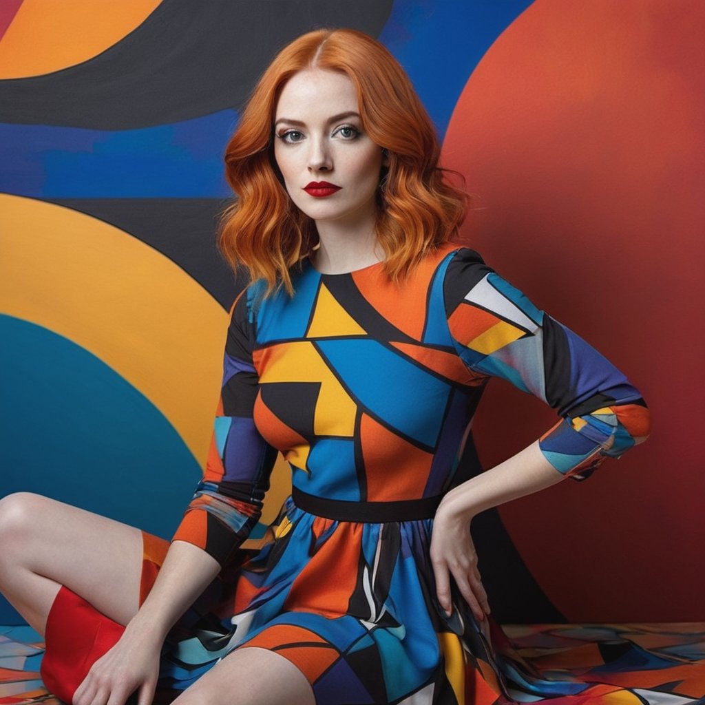 A panoramic photo featuring a woman sitting in front of a colorful, abstract background. She has shoulder-length, slightly wavy, bright orange hair that falls over her shoulders. Her face is delicate and even, with perfectly applied eye makeup and red lips. She looks directly at the camera with a pensive expression. The woman is wearing a striking, colorful dress in the style of abstract expressionism. The dress is made up of geometric shapes in bold colors like yellow, red, blue, and black. The dress has long sleeves and appears to reach her knees. Her left hand supports her face while her right arm rests loosely on her lap. The background consists of large abstract color fields in similar colors to the dress. These color fields are irregularly shaped and resemble a large-scale painting. The colors in the background harmonize with those of the dress, creating a visual connection between the woman and the background. The lighting in the image is soft and even, highlighting the woman.